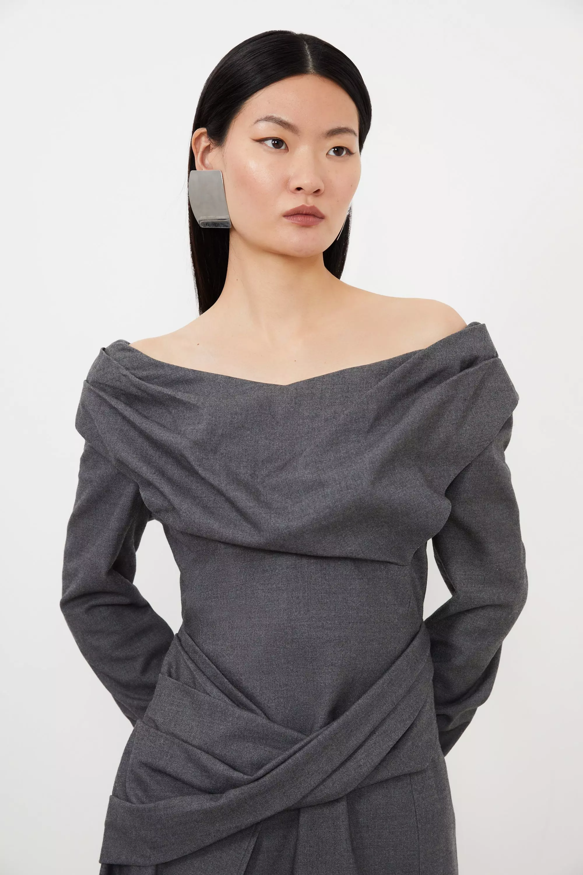 Grey Marl Woven Wool Mix Off The Shoulder Mini Dress | Karen